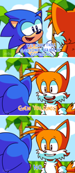 Size: 982x2266 | Tagged: safe, artist:zoiby, miles "tails" prower, sonic the hedgehog, sonic the hedgehog 2, 2016, abstract background, classic sonic, classic tails, clenched teeth, clouds, comic, daytime, dialogue, duo, emerald hill, english text, grass, looking at each other, mouth open, open smile, outdoors, palm tree, smile, smiling at each other, standing, text, tree