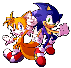 Size: 1348x1298 | Tagged: safe, artist:zoiby, miles "tails" prower, sonic the hedgehog, 2014, clenched fist, clenched teeth, duo, posing, redraw, simple background, smile, smiling at viewer, sonic advance 3, transparent background, unbreakable bond