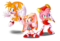 Size: 3824x2658 | Tagged: safe, artist:zoiby, amy rose, cream the rabbit, miles "tails" prower, 2016, flying, holding something, looking at viewer, mid-air, mouth open, open smile, piko piko hammer, shadow (lighting), simple background, smile, smiling at viewer, spinning tails, standing, transparent background, trio