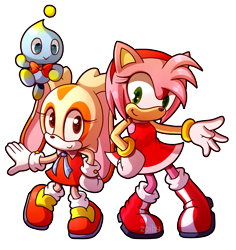 Size: 1016x1074 | Tagged: safe, artist:zoiby, amy rose, cheese (chao), cream the rabbit, chao, 2014, :>, clenched fist, hand on hip, looking at viewer, looking offscreen, neutral chao, posing, redraw, simple background, smile, smiling at viewer, sonic advance 3, standing, team jubilee, transparent background, trio
