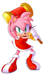 Size: 1287x2202 | Tagged: safe, artist:zoiby, amy rose, 2016, alternate version, holding something, piko piko hammer, simple background, smile, smiling at viewer, solo, standing, transparent background