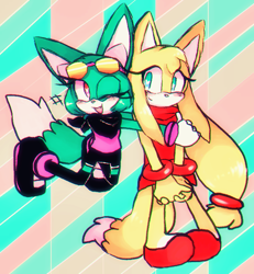 Size: 700x757 | Tagged: safe, artist:megalatias, sonar the fennec, zooey the fox, fox, 2015, blushing, cute, duo, fennec, hugging, hugging from behind, mouth open, open smile, smile, smiling at viewer, striped background, wink
