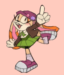 Size: 300x350 | Tagged: safe, artist:metallicmadness, cream the rabbit, 2017, alternate outfit, badge, beanie, blushing, hat, jacket, mouth open, open jacket, open smile, pink background, pointing, simple background, skirt, smile, smiling at viewer, solo, standing, standing on one leg