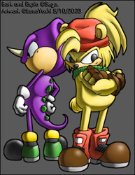 Size: 300x388 | Tagged: safe, artist:lululunabuna, bark the polar bear, espio the chameleon, 2003, arms folded, back to back, classic espio, duo, frown, grey background, looking at viewer, looking offscreen, simple background, smile, standing