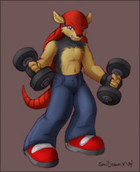 Size: 489x600 | Tagged: safe, artist:souldreamx, mighty the armadillo, 2004, brown background, chest fluff, clenched teeth, dumbbell, holding something, jeans, pants, simple background, smile, smiling at viewer, solo, standing, topless, weightlifting
