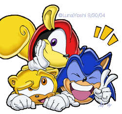 Size: 300x280 | Tagged: safe, artist:lululunabuna, mighty the armadillo, ray the flying squirrel, sonic the hedgehog, 2004, alternate eye color, eyes closed, looking at them, lying down, lying on front, lying on them, mouth open, open smile, orange eyes, purple eyes, segasonic bros, signature, simple background, smile, smiling at viewer, transparent background, trio, v sign