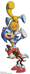 Size: 828x2000 | Tagged: safe, artist:lululunabuna, mighty the armadillo, ray the flying squirrel, sonic the hedgehog, 2009, balancing, eyes closed, lineless, looking at them, mouth open, open smile, signature, simple background, smile, smiling at viewer, standing, tongue out, transparent background, trio, v sign