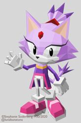 Size: 1038x1580 | Tagged: safe, artist:lululunabuna, blaze the cat, 2020, classic blaze, clenched fist, faux 3d, frown, looking at viewer, low poly, signature, simple background, solo, sonic the fighters, standing, transparent background