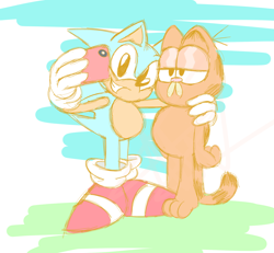 Size: 1994x1840 | Tagged: safe, artist:mrsgalaxy122, sonic the hedgehog, cat, 2023, abstract background, arm around shoulders, barefoot, crossover, daytime, duo, frown, garfield, grass, holding something, lidded eyes, looking at camera, looking at something, outdoors, paws, phone, selfie, smile, standing