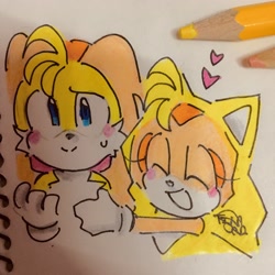 Size: 3024x3024 | Tagged: safe, artist:tinasara09, cream the rabbit, miles "tails" prower, 2024, blushing, creamabetes, cute, duo, eyes closed, heart, hoodie, hugging, looking at viewer, mouth open, open smile, side hug, signature, smile, smiling at viewer, sweatdrop, tailabetes, traditional media