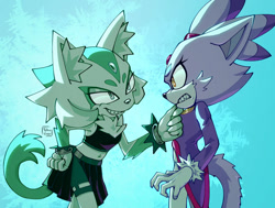 Size: 1024x775 | Tagged: safe, artist:yellowvixen, blaze the cat, oc, oc:rime the cat, cat, 2023, bending over, clenched teeth, duo, finger under chin, frown, gradient background, hand on hip, looking at each other, signature, smile, standing