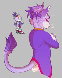 Size: 1280x1599 | Tagged: safe, artist:lynxheartart, artist:starcutx, blaze the cat, 2022, arms folded, claws, ear fluff, from behind, frown, fur markings, grey background, looking at viewer, looking back at viewer, redraw, reference inset, simple background, solo, tail fluff, whiskers