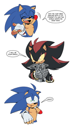 Size: 984x1700 | Tagged: safe, artist:scourgefrontier, shadow the hedgehog, sonic the hedgehog, 2024, dialogue, duo, english text, fingerless gloves, flat colors, gay, scar, shadow x sonic, shipping, simple background, sir lancelot, speech bubble, text, top surgery scars, trans boy sonic, trans male, transparent background, white background, yellow sclera