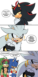 Size: 916x1827 | Tagged: safe, artist:scourgefrontier, scourge the hedgehog, shadow the hedgehog, silver the hedgehog, sonic the hedgehog, 2025, alternate universe, au:new game, chupacabra, comic, dialogue, english text, fingerless gloves, flat colors, group, signature, simple background, talking, text, white background, yellow sclera