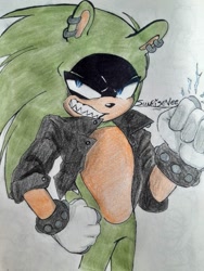 Size: 765x1020 | Tagged: safe, artist:sunrisevee, surge the tenrec, oc, oc:ashura the tenrec, 2025, clenched fist, clenched teeth, gender swap, hand on hip, jacket, lidded eyes, open jacket, sharp teeth, smile, solo, traditional media