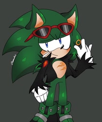 Size: 1456x1730 | Tagged: safe, artist:cinamounroll, scourge the hedgehog, 2025, blushing, cigarette, clenched fist, eyewear on head, grey background, holding something, jacket, lidded eyes, looking at viewer, mouth hold, open jacket, ring, signature, simple background, smile, smiling at viewer, smoking, solo, standing, sunglasses
