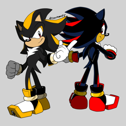 Size: 1080x1080 | Tagged: safe, artist:sarkenthehedgehog, shadow the hedgehog, hedgehog, 2022, arms folded, back to back, duo, flat colors, frown, grey background, looking at viewer, looking back, looking back at viewer, pointing, shadow android, simple background, smile, standing