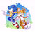 Size: 2245x2070 | Tagged: safe, artist:francoisl-artblog, miles "tails" prower, sonic the hedgehog, 2025, abstract background, duo, looking at viewer, mouth open, open smile, outline, pointing, smile, smiling at viewer, v sign, white outline