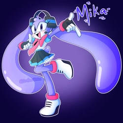 Size: 2048x2048 | Tagged: safe, artist:teefscribbles, 2023, blushing, character name, cyber singer mika, fingerless gloves, gradient background, mouth open, open smile, outline, pointing, smile, smiling at viewer, solo, standing, standing on one leg, text