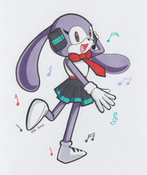 Size: 1280x1527 | Tagged: safe, artist:mightyray, 2024, cyber singer mika, mouth open, musical note, musical notes, open smile, signature, simple background, smile, smiling at viewer, solo, standing, standing on one leg, traditional media, white background