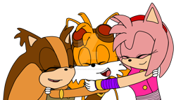 Size: 1280x733 | Tagged: safe, artist:that-one-random-enby, amy rose, miles "tails" prower, sticks the badger, 2019, deviantart watermark, eyes closed, flat colors, group hug, hugging, mouth open, obtrusive watermark, open smile, simple background, smile, sonic boom (tv), standing, transparent background, trio, watermark