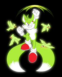 Size: 1600x1989 | Tagged: safe, artist:dragon-cookies, flicky, miles "tails" prower, super tails, 2022, black background, clenched fists, clenched teeth, flat colors, flying, group, hand up, looking up, mid-air, simple background, smile, super form