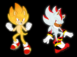 Size: 1900x1419 | Tagged: safe, artist:dragon-cookies, shadow the hedgehog, sonic the hedgehog, super shadow, super sonic, 2022, alternate super form, black background, clenched fists, clenched teeth, duo, flat colors, flying, frown, looking at them, looking at viewer, mid-air, simple background, smile, smiling at viewer, super form, tan skin