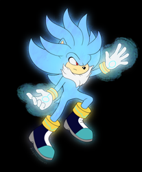 Size: 1500x1814 | Tagged: safe, artist:dragon-cookies, silver the hedgehog, 2022, alternate super form, black background, flat colors, flying, frown, looking offscreen, mid-air, psychokinesis, signature, simple background, solo, super form, super silver