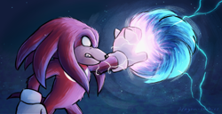 Size: 1800x925 | Tagged: safe, artist:dragon-cookies, knuckles the echidna, sonic the hedgehog, sonic the hedgehog 2 (2022), 2021, clenched teeth, duo, electricity, frown, gradient background, knuckles catches sonic, looking at them, meme, redraw, spinball, standing