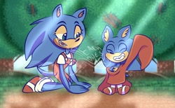 Size: 1300x800 | Tagged: safe, artist:peachdoesart, sonic the hedgehog, 2021, abstract background, classic sonic, clenched teeth, clothes, daytime, duo, eyelashes, eyes closed, kneeling, looking at them, outdoors, overalls, oversized, self paradox, signature, sitting, smile, standing, sunlight, sunray, sweater, tree