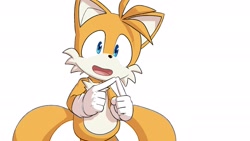 Size: 2048x1152 | Tagged: safe, artist:seen023hey, miles "tails" prower, 2025, fingers together, looking at viewer, mouth open, open smile, simple background, smile, smiling at viewer, solo, standing, white background