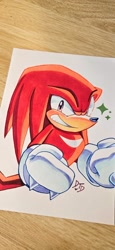 Size: 946x2048 | Tagged: safe, artist:drawntildawn, knuckles the echidna, 2025, clenched fists, clenched teeth, looking at viewer, markerwork, signature, smile, smiling at viewer, solo, sparkles, standing, traditional media
