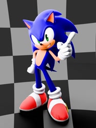 Size: 1500x2000 | Tagged: safe, artist:ltm_business_, sonic the hedgehog, 2024, 3d, checkered background, clenched teeth, hand on hip, pointing, redraw, smile, smiling at viewer, solo, sonic 4:episode 1, standing