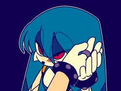 Size: 1050x788 | Tagged: safe, artist:why_z3033, kit the fennec, surge the tenrec, 2025, blue background, blushing, duo, eye clipping through hair, flat colors, hand, hand on face, lidded eyes, offscreen character, outline, simple background, solo focus, standing