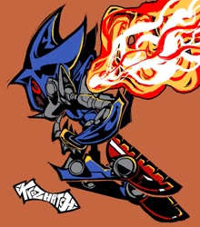 Size: 901x1024 | Tagged: safe, artist:krozhatch, metal sonic, 2025, black sclera, fire, orange background, robot, signature, simple background, solo