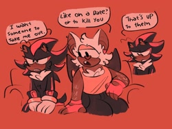 Size: 2224x1668 | Tagged: safe, artist:starfall-isle, rouge the bat, shadow the hedgehog, 2020, alternate outfit, dialogue, duo, english text, eyestrain, flat colors, heart nose, lidded eyes, looking ahead, looking offscreen, red background, simple background, sitting, speech bubble, text