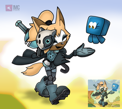 Size: 2599x2339 | Tagged: safe, artist:1mcthetrueidiot, whisper the wolf, wisp, 2023, blue wisp, duo, eyes closed, gradient background, holding something, looking at them, mouth open, open smile, redraw, reference inset, signature, smile, uekawa style, walking