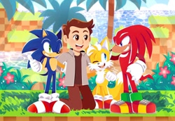 Size: 736x506 | Tagged: safe, artist:carlapereiraherrer, knuckles the echidna, miles "tails" prower, sonic the hedgehog, tom wachowski, human, 2025, bush, clenched teeth, daytime, flower, grass, group, kneeling, mouth open, no outlines, one eye closed, open smile, outdoors, palm tree, smile, smiling at each other, smiling at viewer, standing, team sonic, thumbs up, tree, water, wink