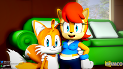 Size: 3840x2160 | Tagged: safe, artist:somco, miles "tails" prower, sally acorn, 2025, 3d, abstract background, arm around shoulders, duo, hugging, indoors, looking at each other, side hug, smile, smiling at viewer, standing