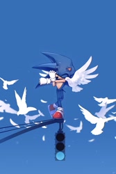 Size: 1365x2048 | Tagged: safe, artist:potatokoko, sonic the hedgehog, bird, 2025, blue background, dove, eyes closed, feather, group, simple background, solo focus, standing, stretching, wings