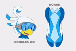 Size: 3000x2000 | Tagged: safe, artist:waitochan, oc, oc:cirri the dove, bird, 2023, dove, english text, extreme gear, goggles, grey background, headshot, looking offscreen, mouth open, oc only, open smile, simple background, smile, solo, text