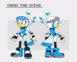 Size: 2265x1833 | Tagged: safe, artist:waitochan, oc, oc:cirri the dove, bird, 2023, abstract background, character name, dove, english text, eyewear on head, goggles, goggles on head, looking offscreen, oc only, reference sheet, smile, solo, standing, text