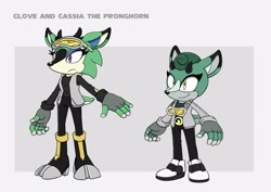 Size: 2783x1969 | Tagged: safe, artist:waitochan, cassia the pronghorn, clove the pronghorn, 2023, abstract background, character name, duo, english text, eyewear on head, fanfiction art, flat colors, frown, goggles, goggles around neck, goggles on head, looking offscreen, sisters, smile, standing, text