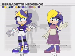 Size: 2205x1629 | Tagged: safe, artist:natrix1, bernadette hedgehog, hedgehog, 2025, character name, clenched fist, duality, english text, flat colors, reference sheet, smile, smiling at viewer, solo, standing, text