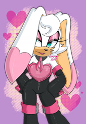 Size: 1280x1842 | Tagged: safe, artist:emiibean, rouge the bat, rabbit, 2025, abstract background, ear over one eye, hands on hips, heart, lidded eyes, smile, smiling at viewer, solo, species swap, standing