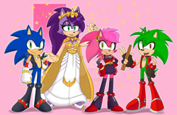 Size: 1280x830 | Tagged: safe, artist:emiibean, queen aleena, sonia the hedgehog, sonic the hedgehog, hedgehog, sonic underground, 2024, brother and sister, brothers, drumstick, family, group, holding something, manic the hedgehog, mother and child, mother and daughter, mother and son, outline, siblings, signature, smile, star (symbol)