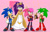 Size: 1280x830 | Tagged: safe, artist:emiibean, queen aleena, sonia the hedgehog, sonic the hedgehog, hedgehog, sonic underground, 2024, brother and sister, brothers, drumstick, family, female, holding something, male, manic the hedgehog, mother and child, mother and daughter, mother and son, outline, quartet, siblings, signature, smile, star (symbol)