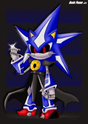 Size: 1220x1714 | Tagged: safe, artist:nonicpower, metal sonic, neo metal sonic, 2025, abstract background, black sclera, clenched fist, looking at viewer, robot, shine, signature, solo
