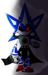 Size: 2579x4032 | Tagged: safe, artist:1upniall, metal sonic, neo metal sonic, 2025, abstract background, black sclera, clenched fist, glowing eyes, looking at viewer, robot, solo, standing
