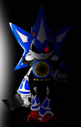 Size: 1280x2002 | Tagged: safe, artist:1upniall, metal sonic, neo metal sonic, 2025, alternate version, black sclera, clenched fist, glowing eyes, gradient background, looking at viewer, robot, solo, standing